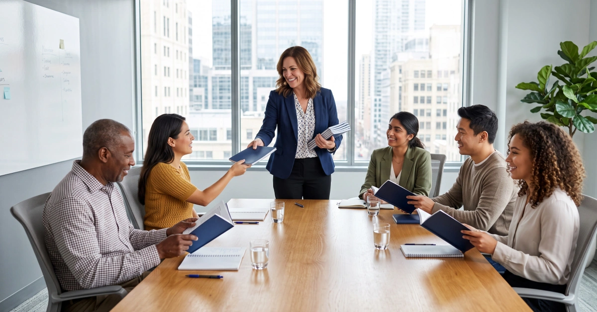 Manager handing out updated employee handbooks to staff