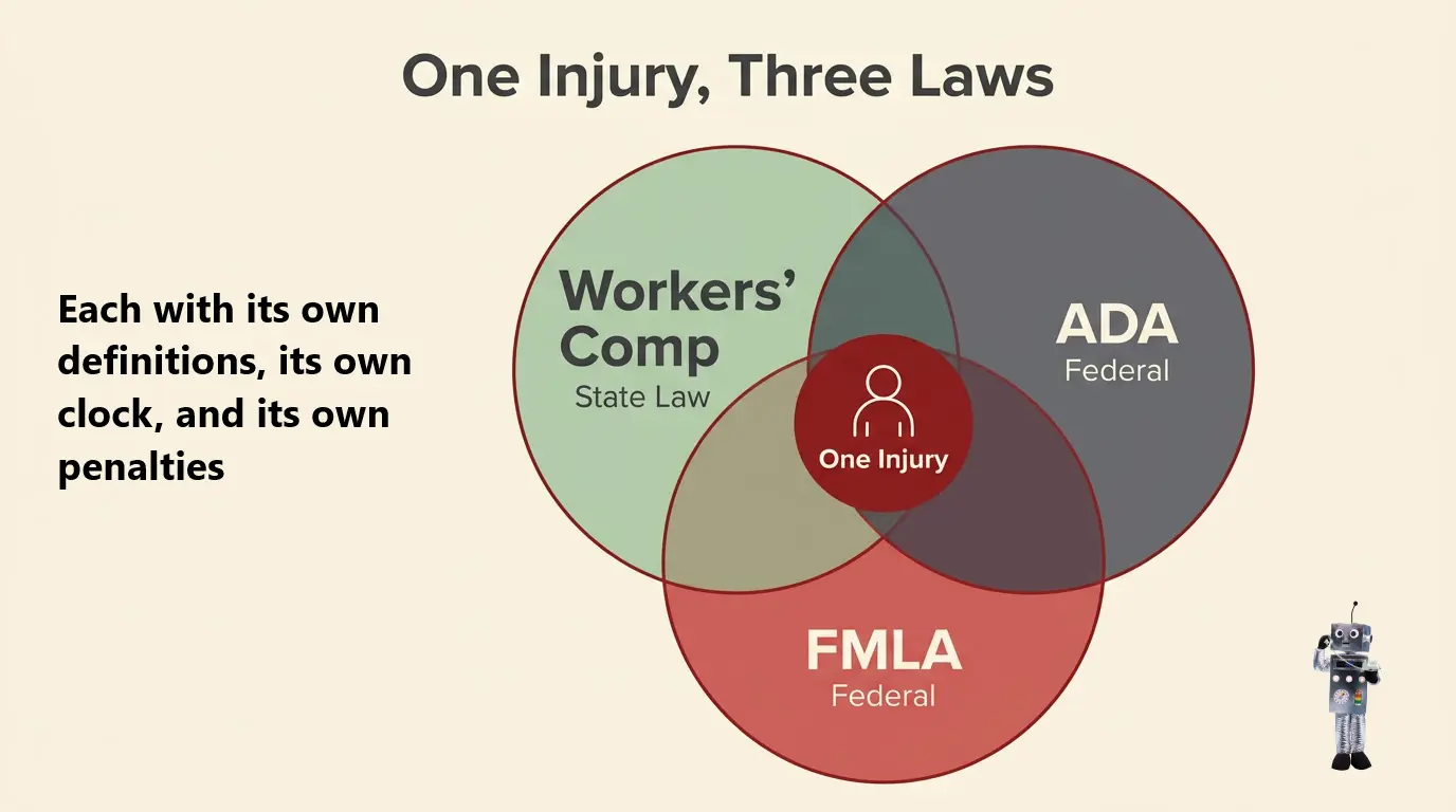 Infographic showing how workers' compensation, the ADA, and the FMLA obligations overlap for a single workplace injury