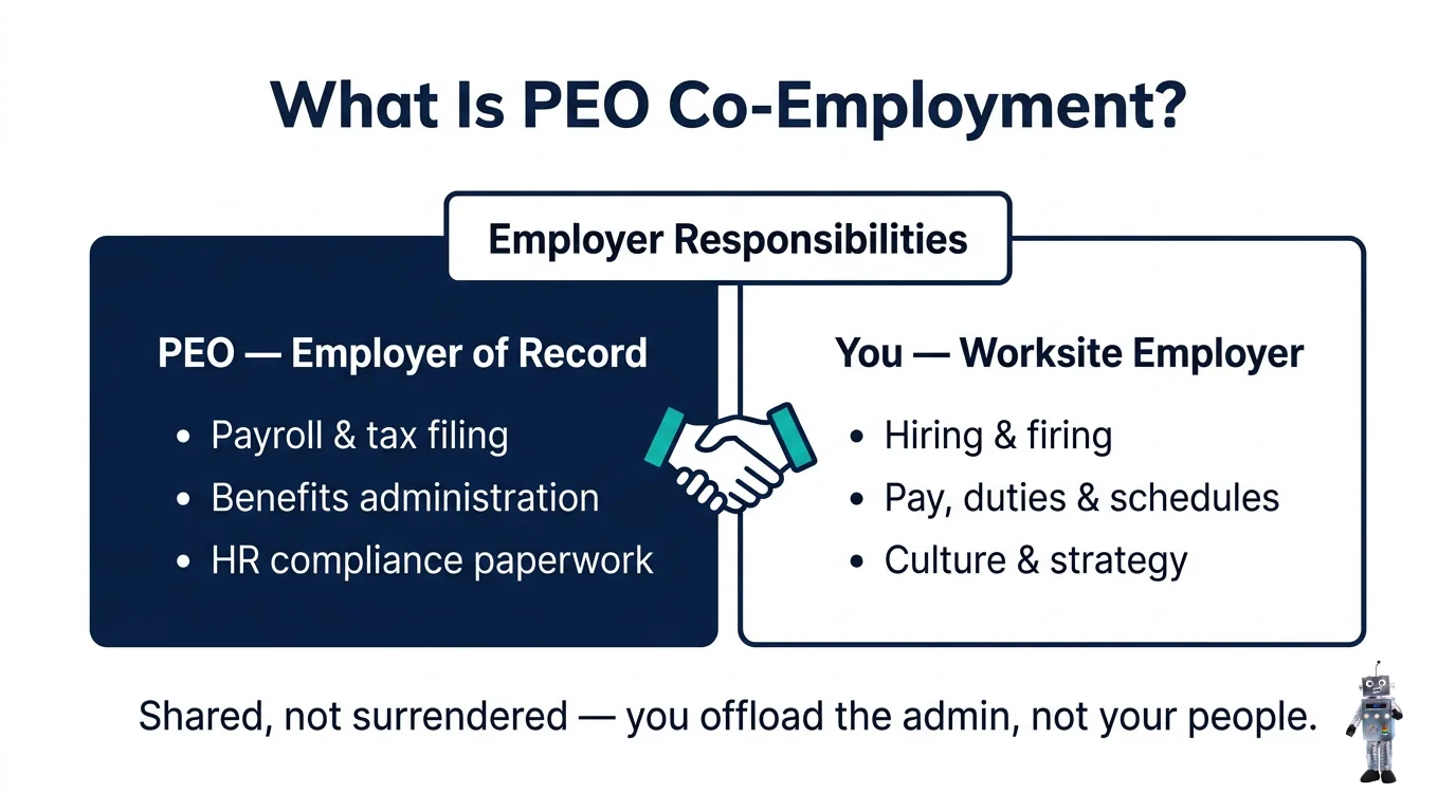 Infographic explaining how PEO co-employment splits employer responsibilities between a business and a PEO