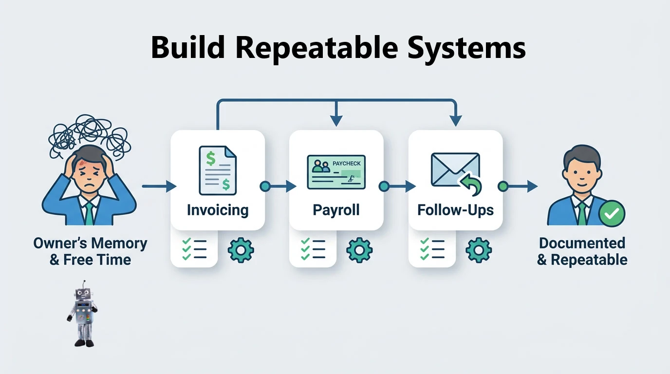 Infographic showing the steps to build repeatable systems for the back office