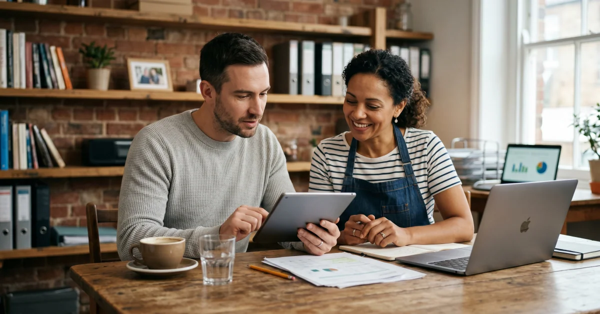 Wide shot of an HR manager reviewing an employee leasing agreement with a small-business owner