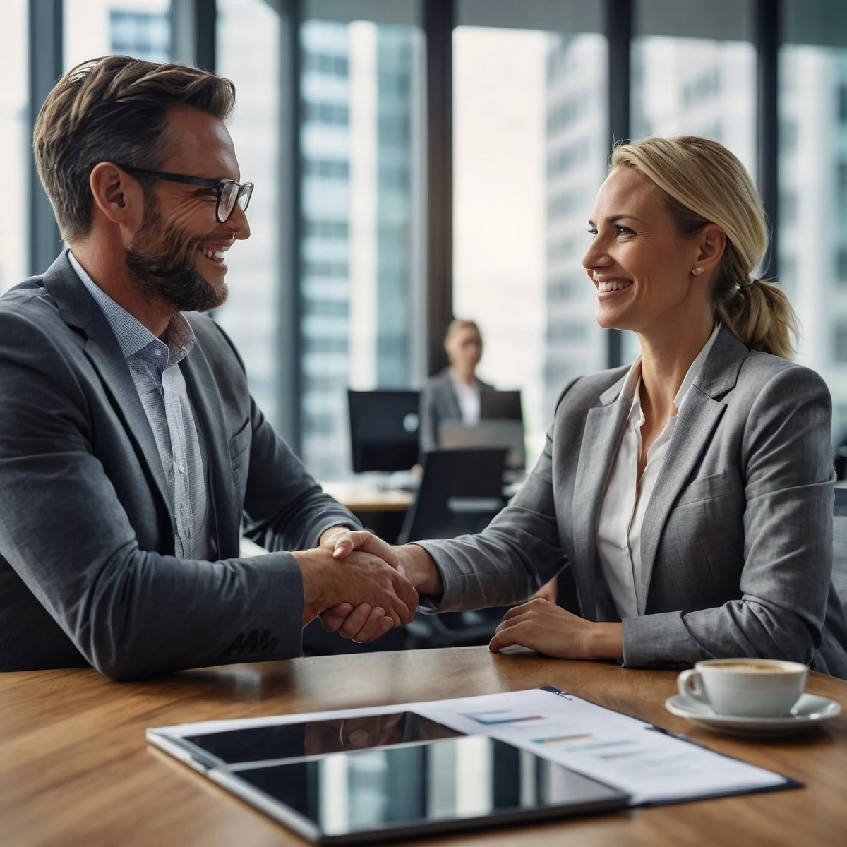 Business professionals shaking hands representing a PEO co-employment partnership