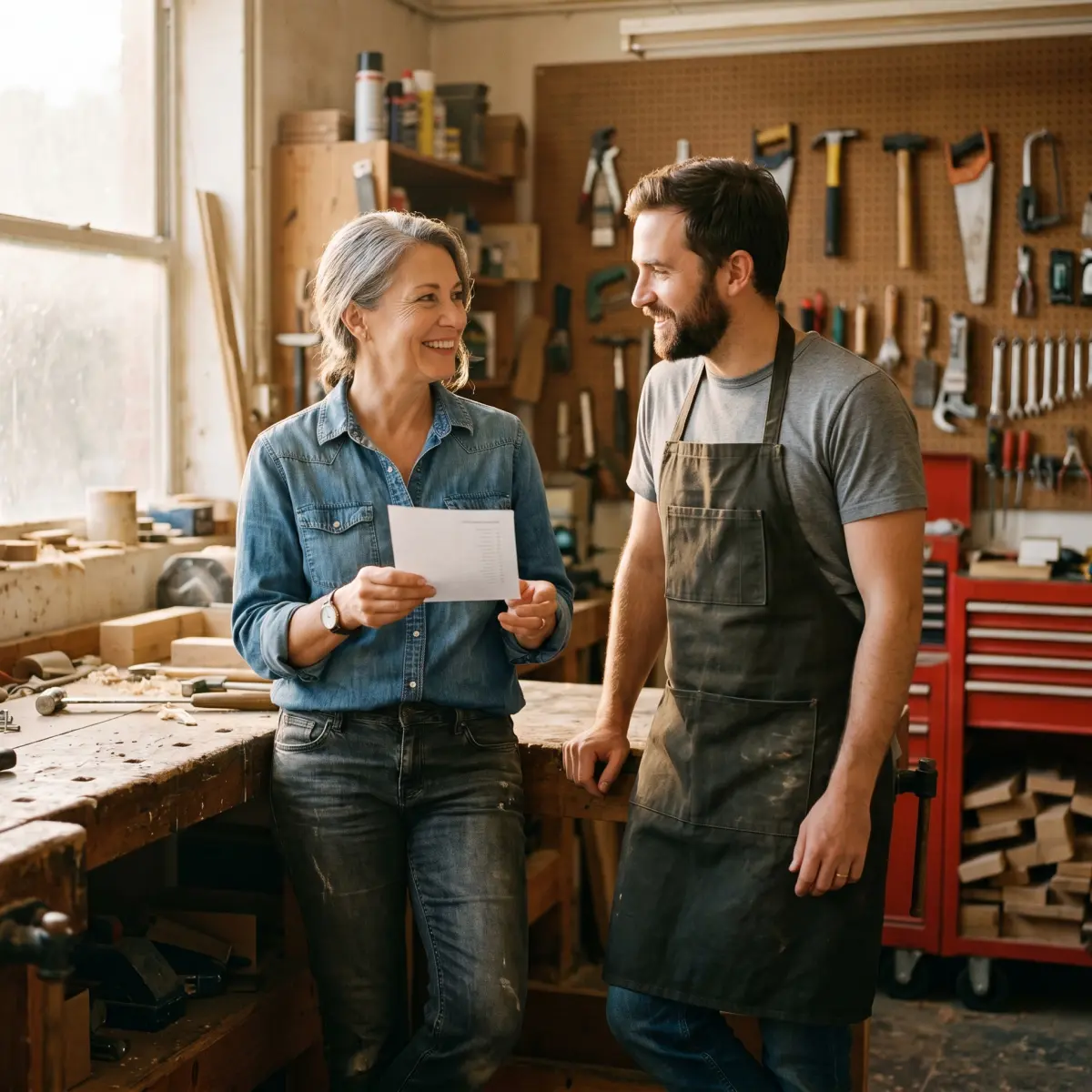 Small business owner discussing transitional duty options with an injured employee in a workshop