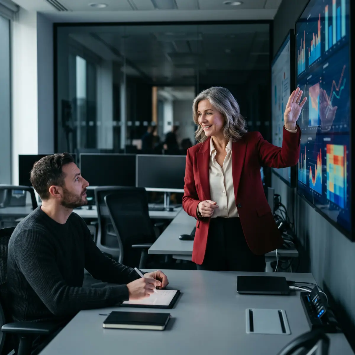 HR director reviewing return-to-work KPI dashboards, lost-time rates, and claim duration metrics