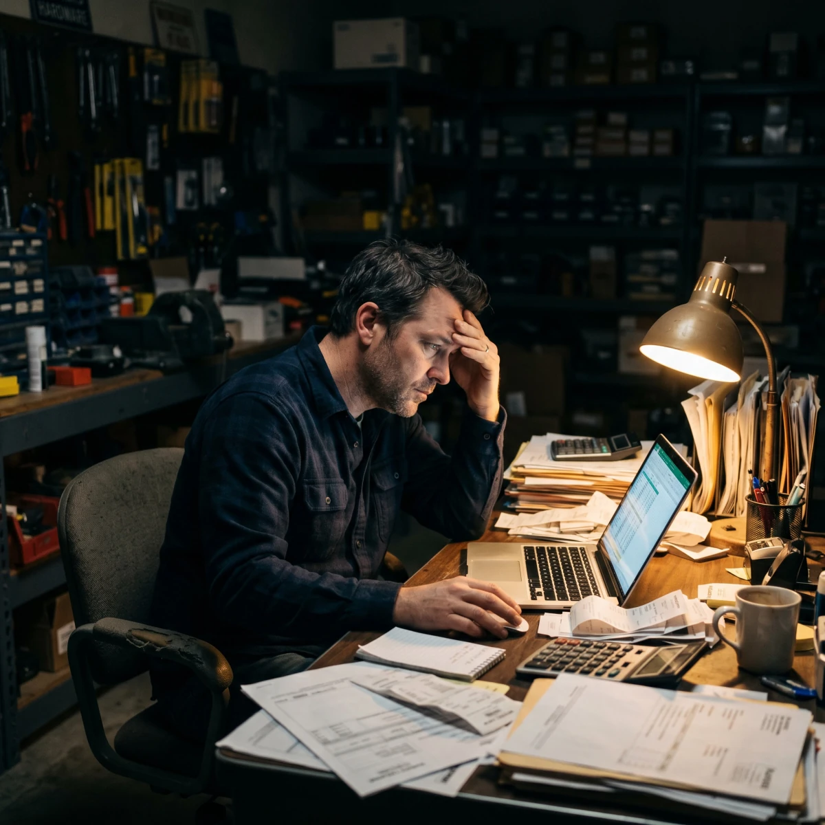 A small-business owner working late on paperwork, illustrating why running a small business is so hard