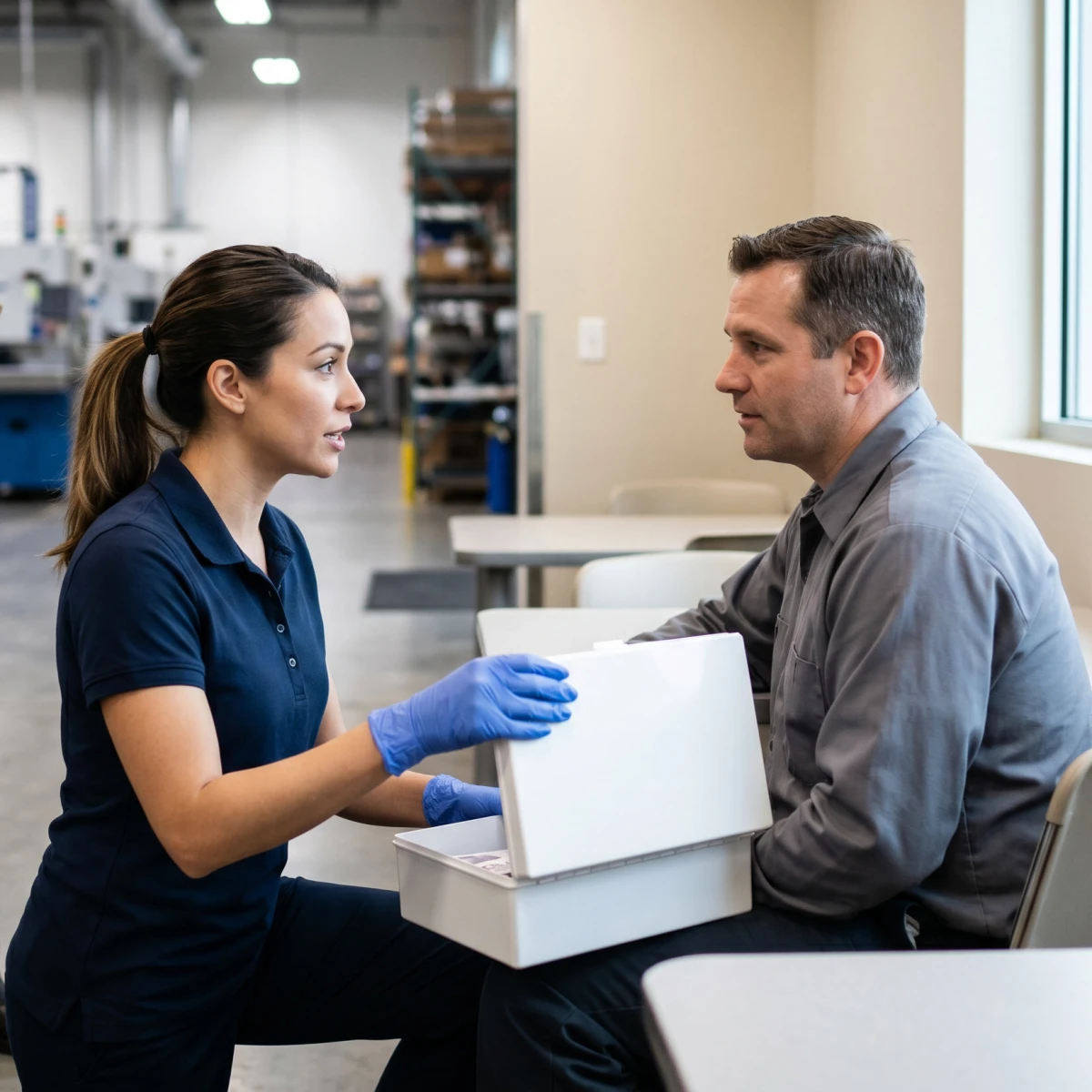 A workplace first-aid responder assisting an employee, representing the step-by-step workers' comp claim process