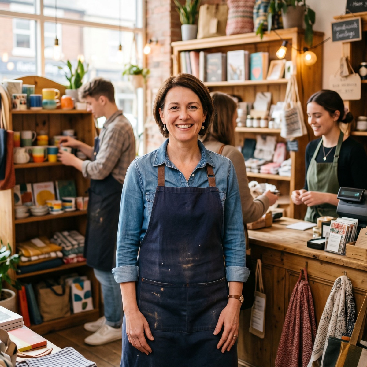 A small-business owner working alongside a couple of employees in a shop