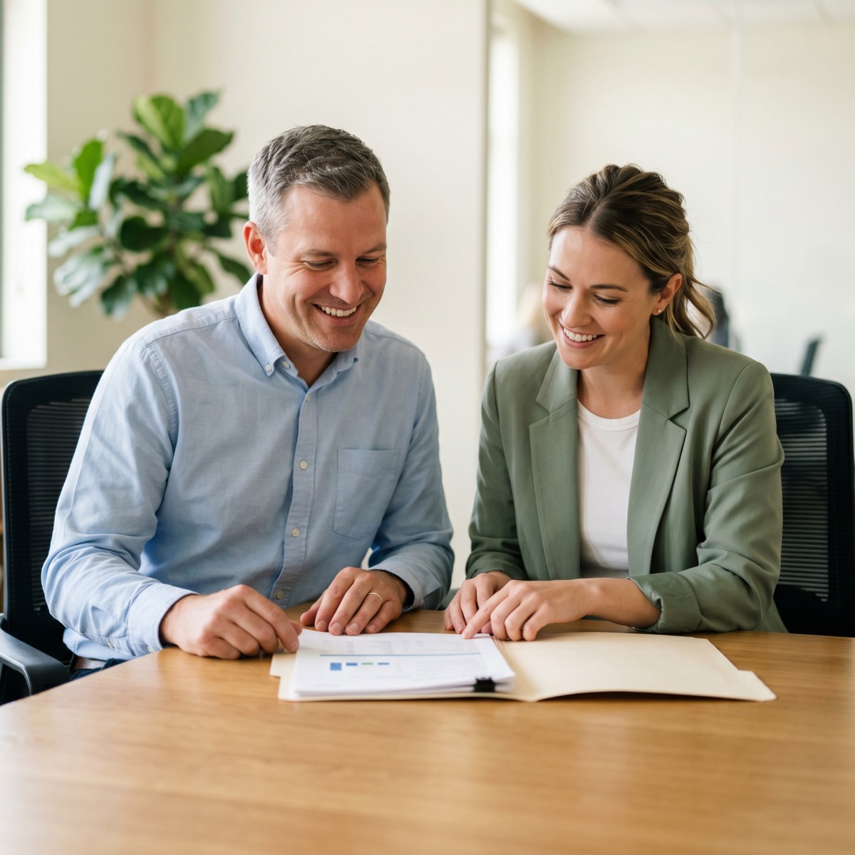 A man and woman reviewing an employment services agreement on a desk