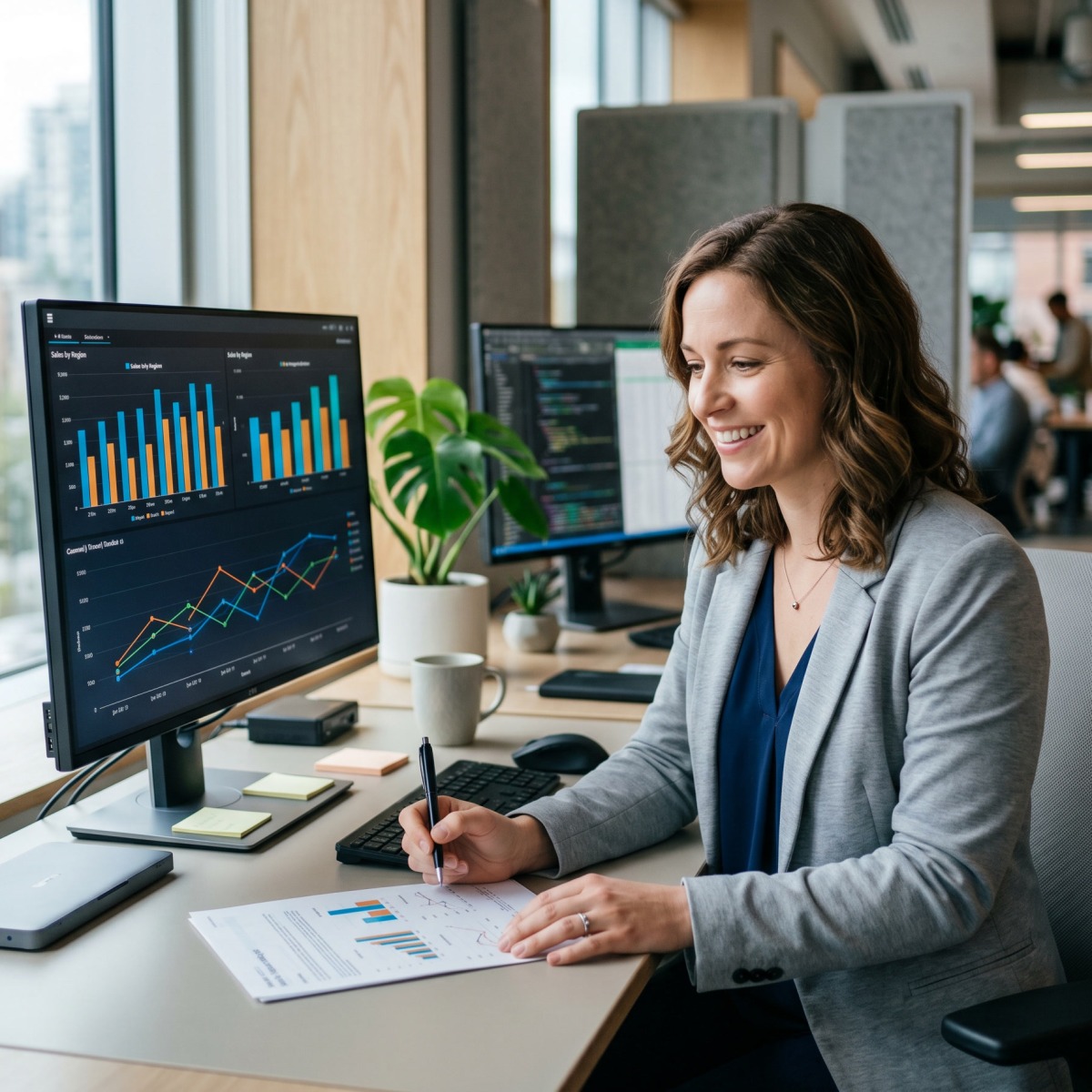 A woman reviewing employee leasing and PEO industry statistics on a computer
