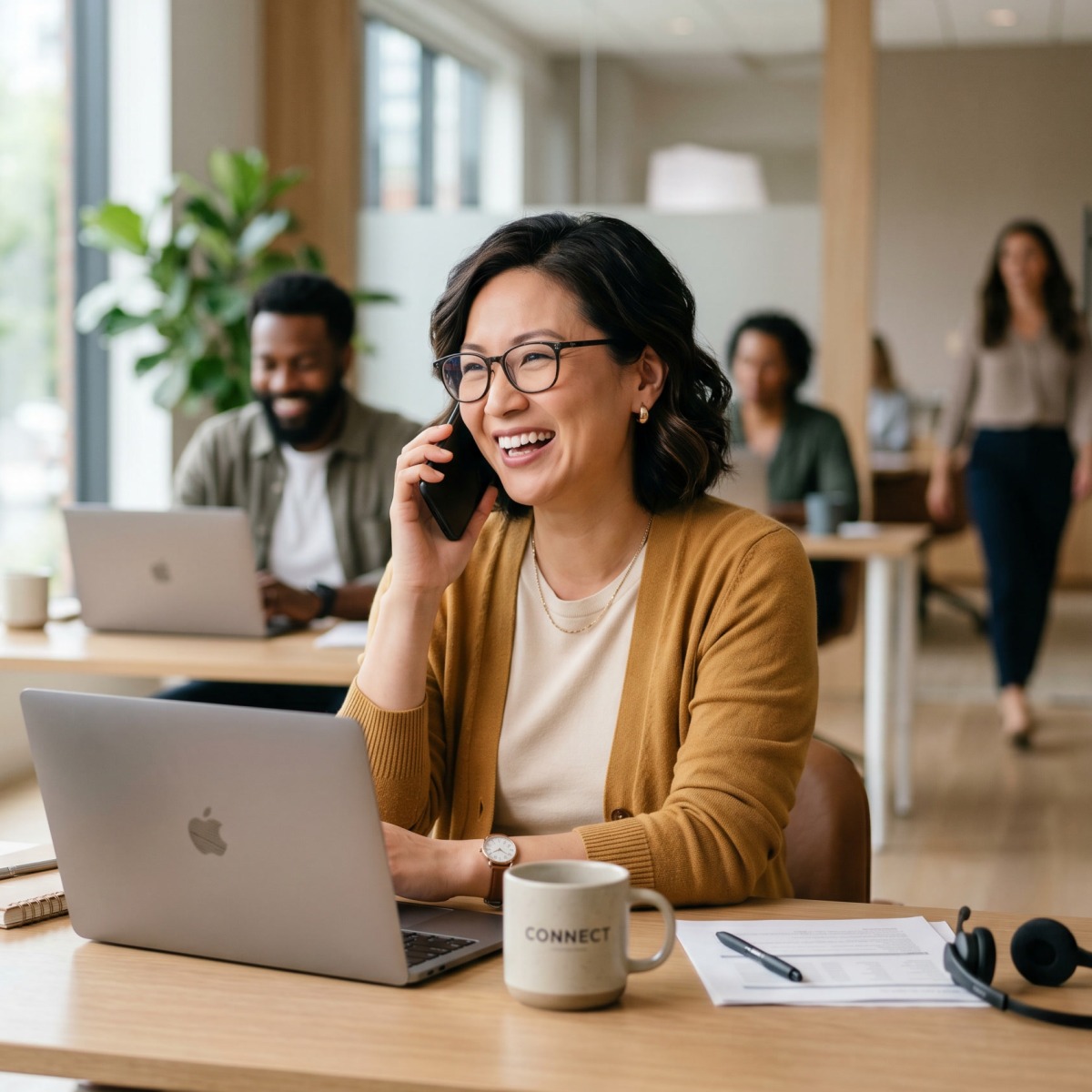 An advisor on the phone answering common questions about PEOs from a laptop