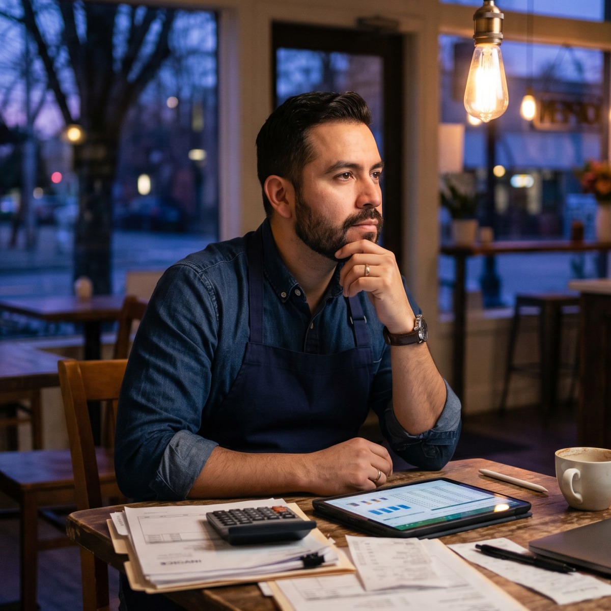 Small-business owner reviewing paperwork and thinking through the challenges of running a small business